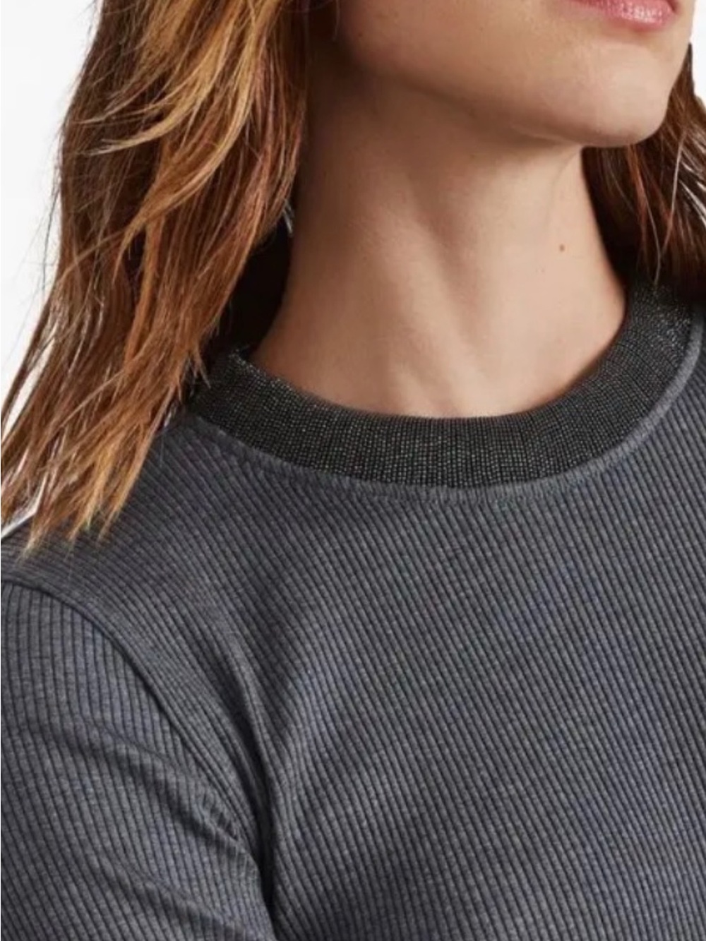 EUC  Brunello Cucinelli Women's Gray Ribbed  Sweater  Sz L Jewelry Neckline